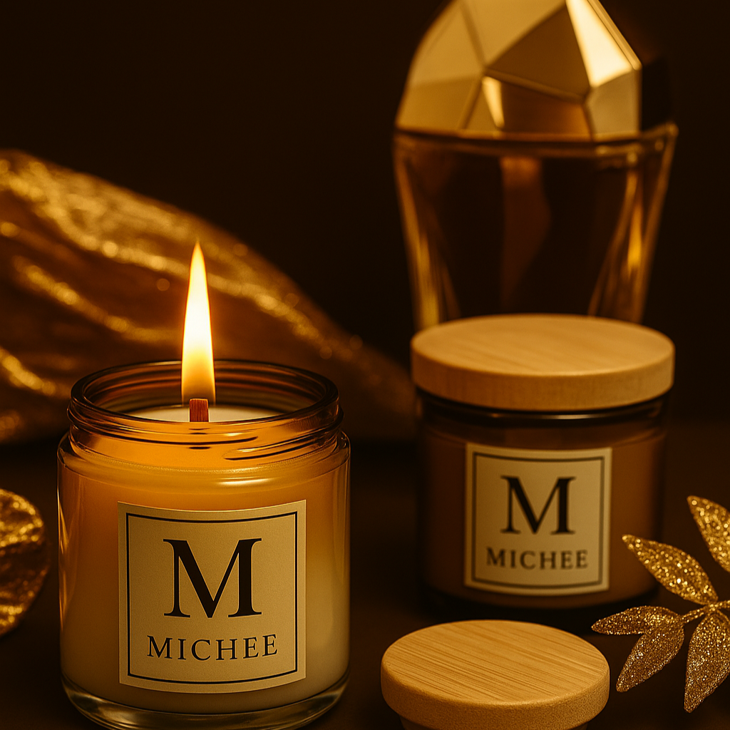 Lumânare parfumată MICHEE Lady Million, recipient elegant din sticlă transparentă, ceară de soia, fitil din lemn