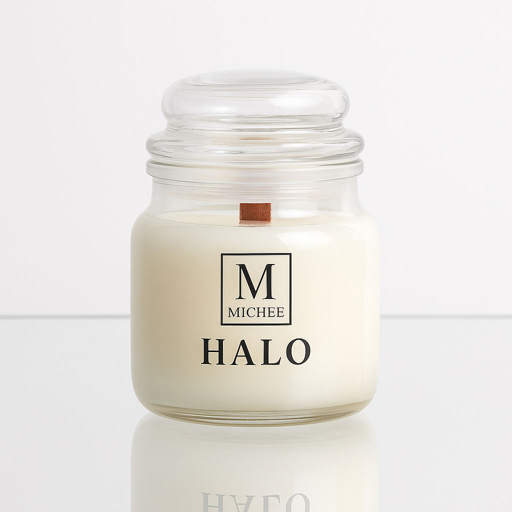 Recipient pentru lumanari MICHEE Halo, design minimalist din sticla cu capac sticla, 200ml, potrivit pentru lumanari parfumate din ceara de soia