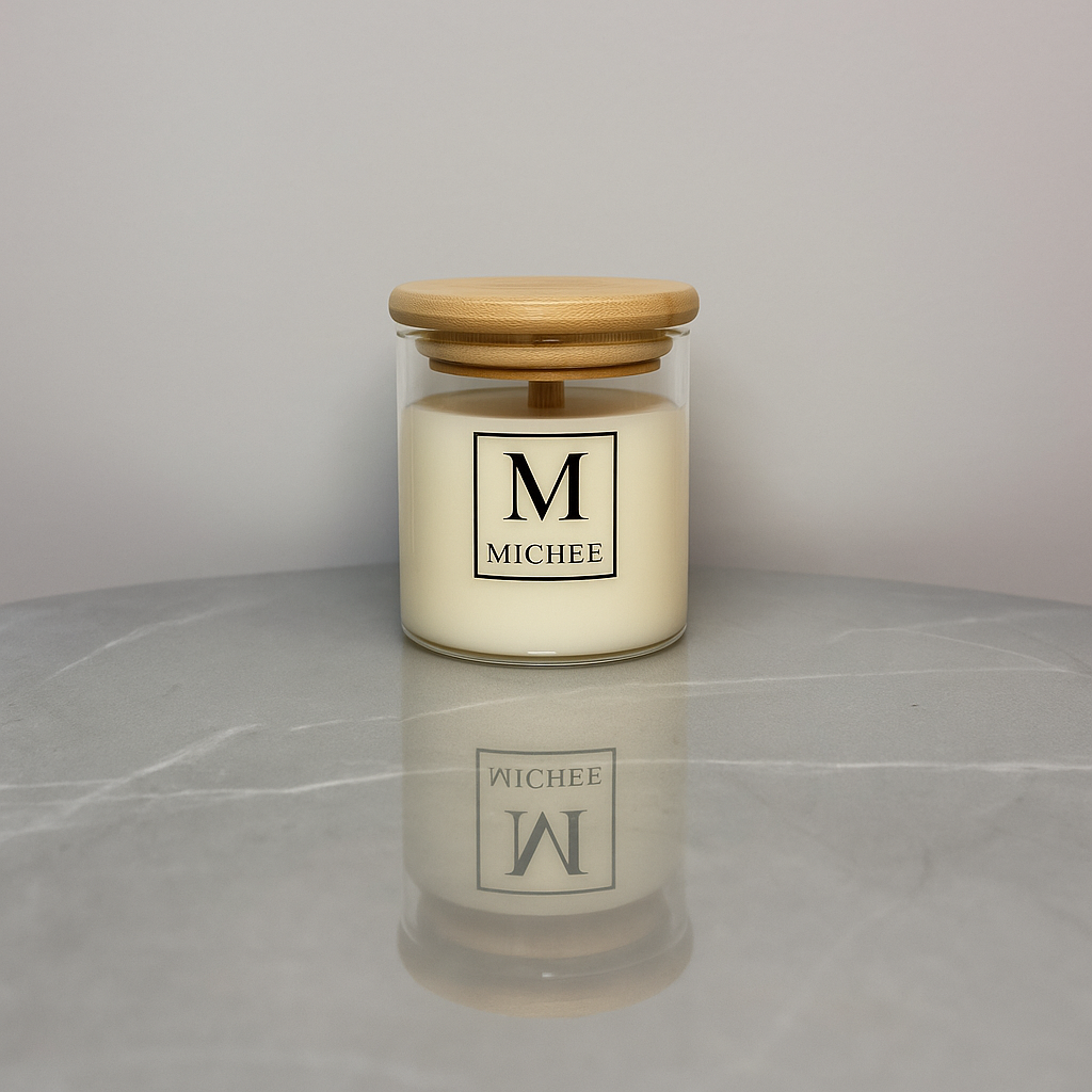 Recipient pentru lumanari MICHEE Vela, cilindric din sticla transparenta cu capac din bambus lemn, design elegant pentru lumanari parfumate din ceara naturala de soia, fitil lemn