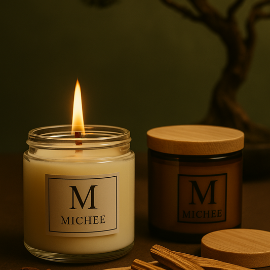 Lumanare parfumata MICHEE Palo Santo, ceara naturala de soia, fitil din lemn, recipient elegant din sticla transparenta