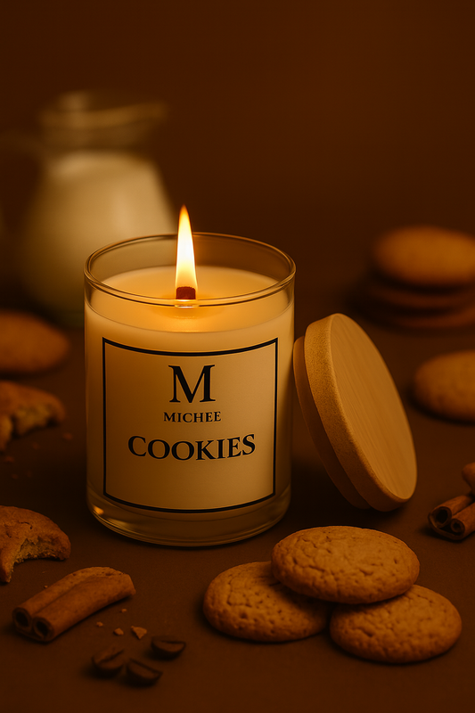 Lumanare parfumata MICHEE Cookies cu fitil de lemn, din ceara naturala de soia, aroma de biscuiti dulci si lapte, produsa manual in Republica Moldova Chisinau