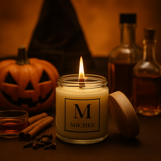 Lumanare parfumata MICHEE Hocus Pocus din ceara de soia cu fitil de lemn, aroma intensa de dovleac, scortisoara, cuisoare si bourbon, produsa manual in Republica Moldova Chisinau