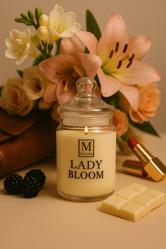 Lumanare parfumata MICHEE Lady Bloom cu fitil de lemn, aroma florala de frezie, crin si mure, in recipient elegant din sticla, produsa in Republica Moldova
