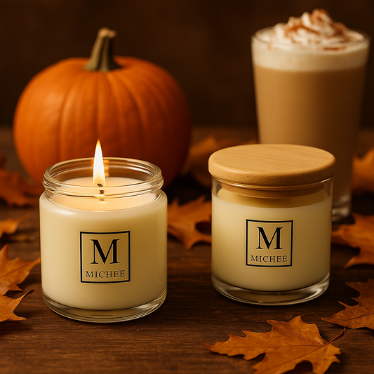 Lumanare parfumata MICHEE Pumpkin Spice Latte din ceara naturala de soia, cu fitil de lemn si aroma dulce de dovleac, cafea si condimente, realizata manual in Republica Moldova Chisinau