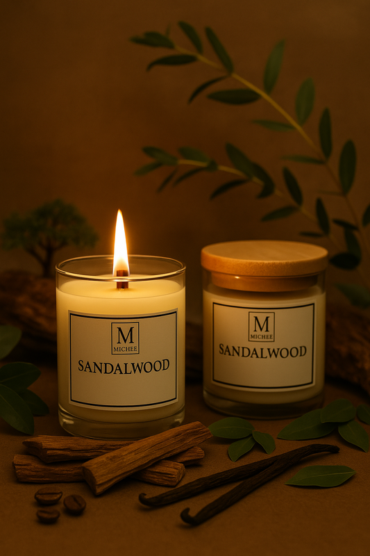 Lumanare parfumata MICHEE Sandalwood din ceara naturala de soia, cu fitil de lemn si aroma lemnoasa de santal, realizata manual in Republica Moldova Chisinau