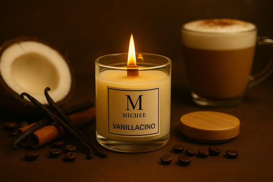 Lumanare parfumata MICHEE Vanillacino din ceara naturala de soia, cu fitil de lemn si aroma de vanilie, cafea si cocos, realizata manual in Republica Moldova Chisinau