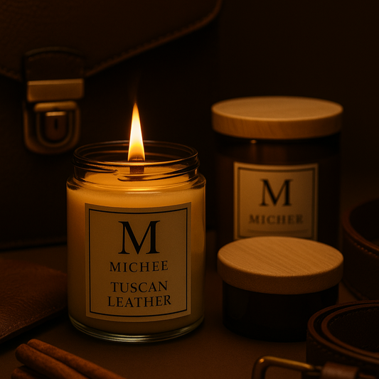Lumanare parfumata MICHEE Tuscan Leather, aroma lemnoasa si senzuala, ceara naturala de soia, fitil din lemn, recipient elegant din sticla