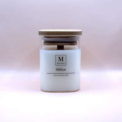 Lumânare parfumată MICHEE Nordic  Million, recipient din sticlă transparentă cu capac, ceară de soia, fitil din lemn, One Million